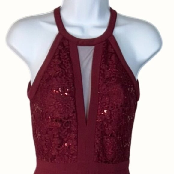 Nightway Wine Red Lace Halter Sleeveless Slit Full Length Cocktail Prom Gown 2 - Picture 4 of 8